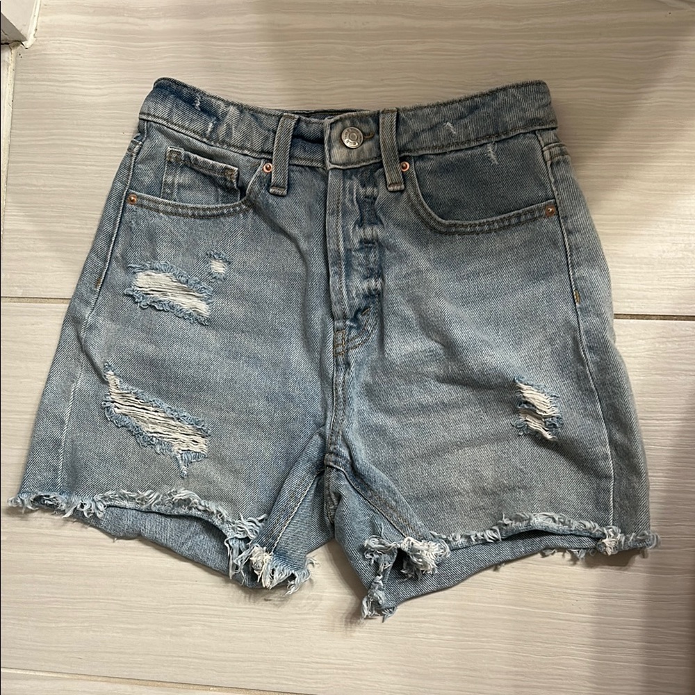 High Rise Light Blue Midi Jean Shorts